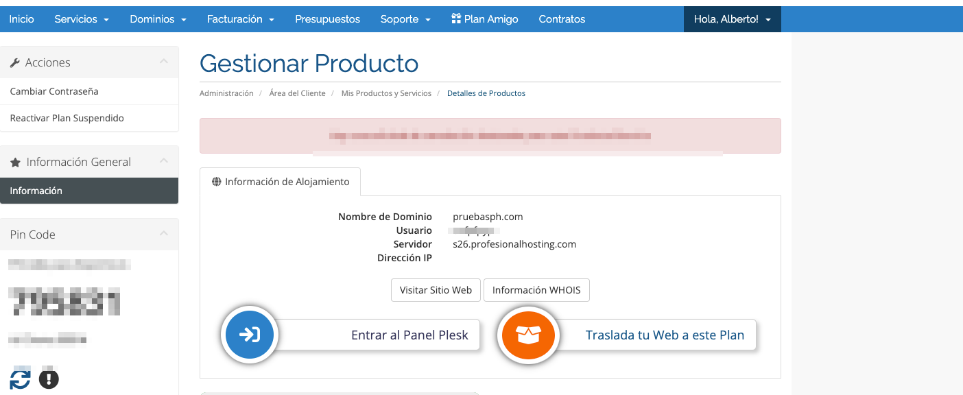 Área de cliente acceder al panel Plesk del servidor