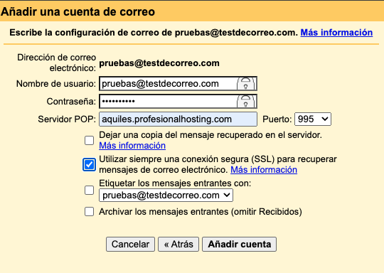 Recibir correo desde Gmail configuración servidor POP3