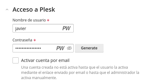 Panel Plesk acceso datos de acceso nuevo usuario