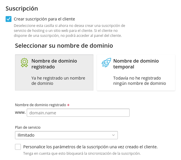 Panel Plesk nuevo usuario añadir suscripción