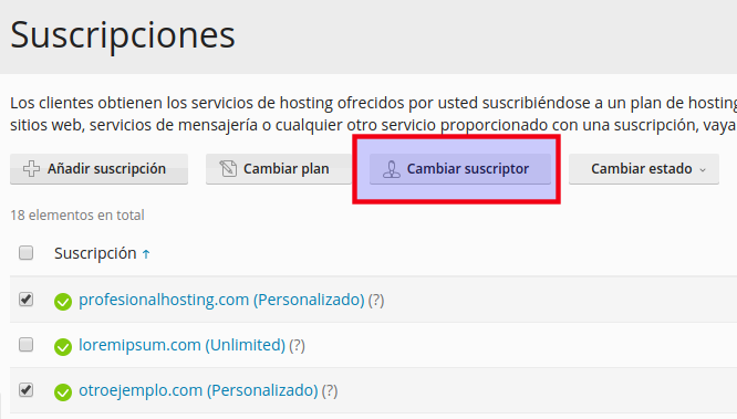 Panel Plesk suscripciones cambio de suscriptor