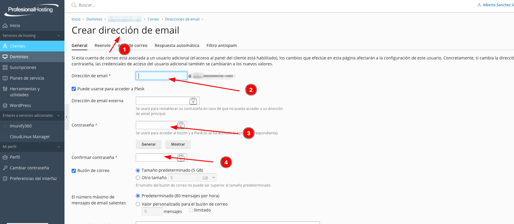 Plesk alta de cuenta de correo