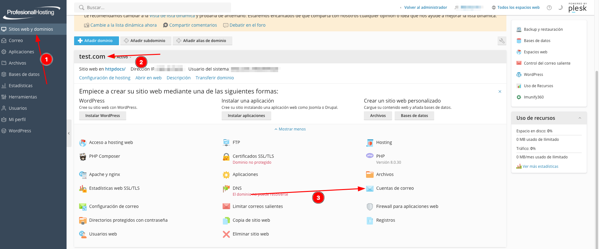 Plesk vista cuentas de correo alternativa