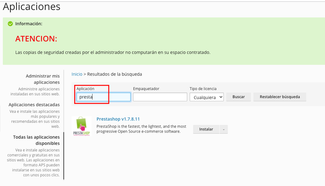 Plesk buscar aplicación
