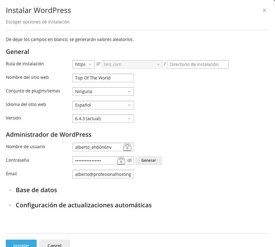 Plesk WordPress Toolkit datos de nueva instalación