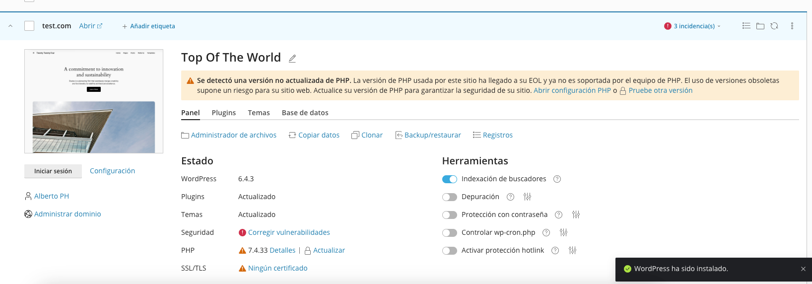 Plesk nueva instalación visible en WordPress Toolkit