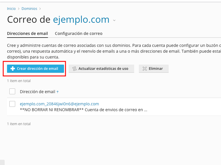 Plesk crear cuenta de correo botón
