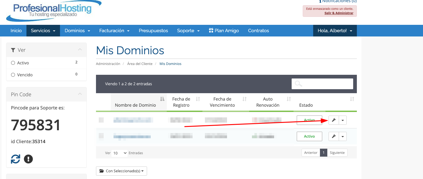 Área de cliente lista de dominios