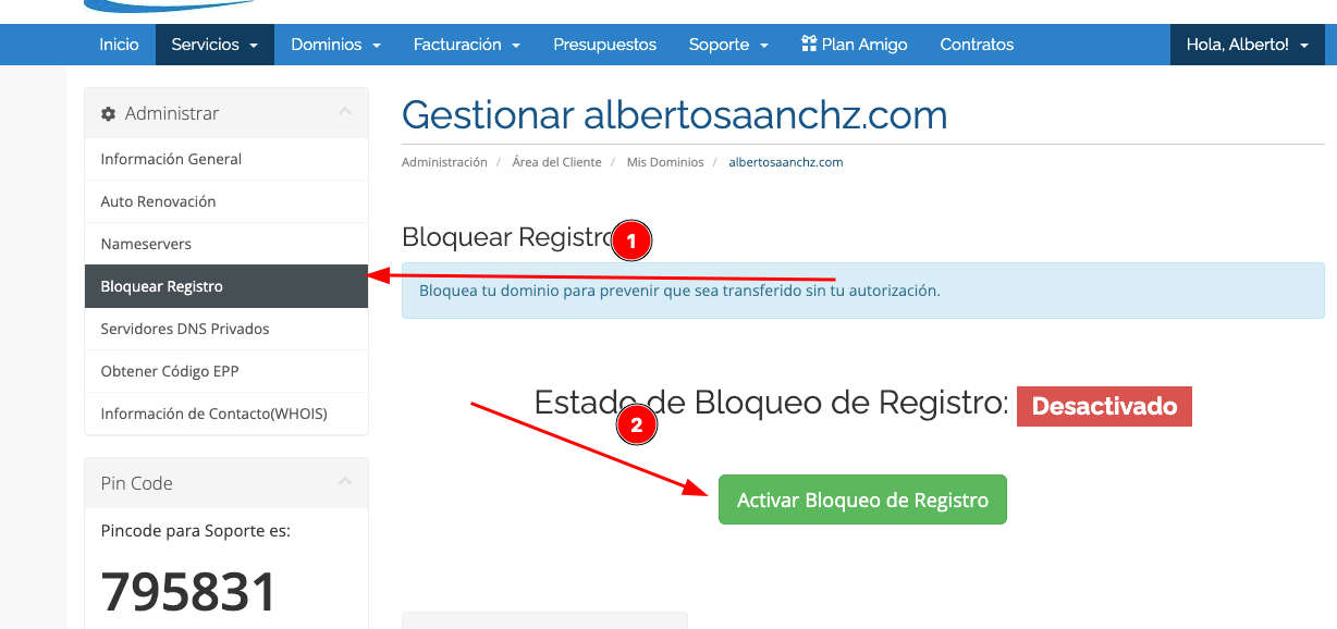 Área de cliente bloqueo y desbloqueo de dominio