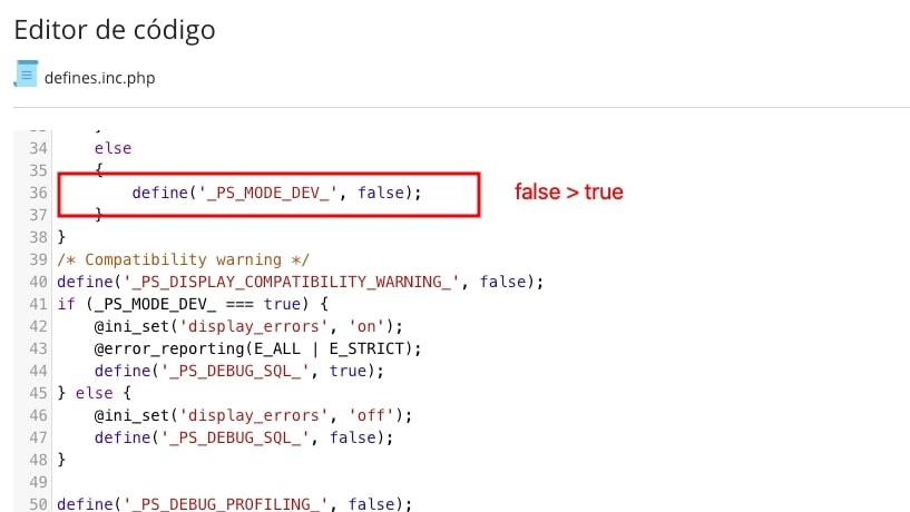 Activar modo depuración en Prestashop, activar parámetro false a true y guardar cambios.